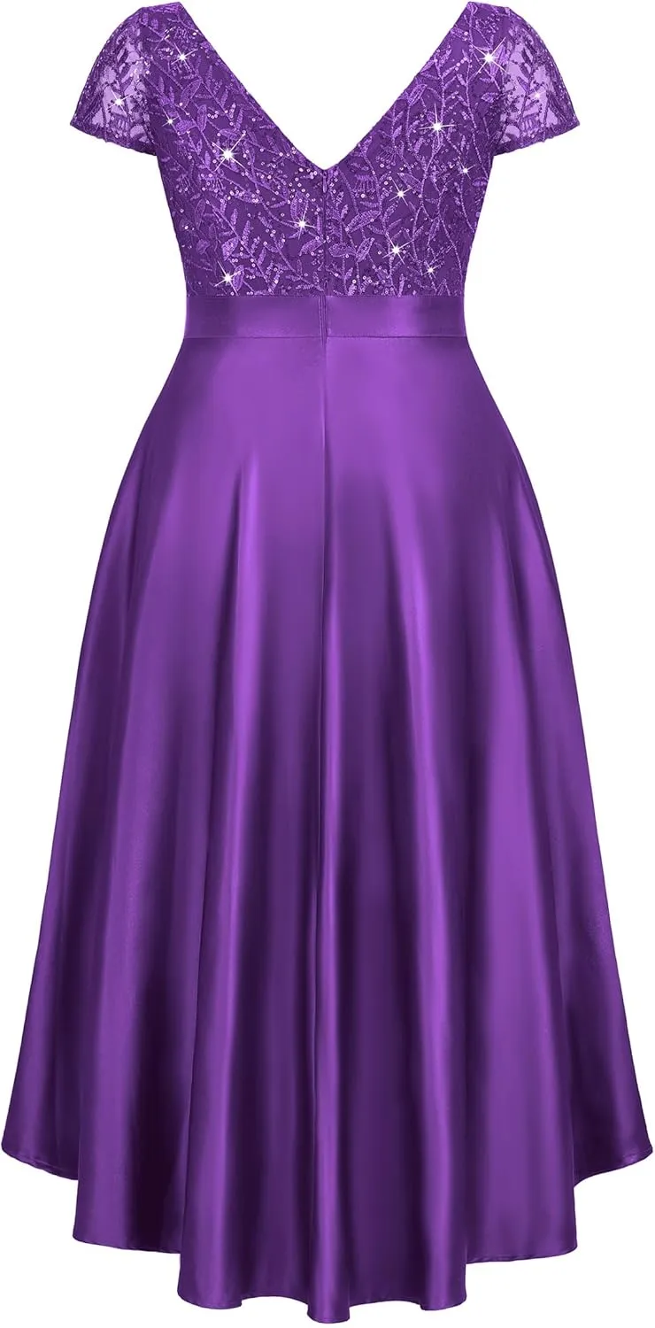 MISSMAY Women's Plus Size Lace Sequin Contrast Satin High Low A-Line Hem Prom Party Formal Dress