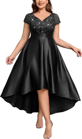 MISSMAY Women's Plus Size Lace Sequin Contrast Satin High Low A-Line Hem Prom Party Formal Dress