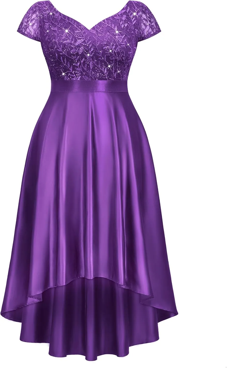 MISSMAY Women's Plus Size Lace Sequin Contrast Satin High Low A-Line Hem Prom Party Formal Dress