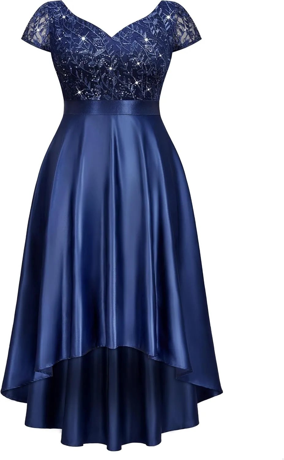 MISSMAY Women's Plus Size Lace Sequin Contrast Satin High Low A-Line Hem Prom Party Formal Dress