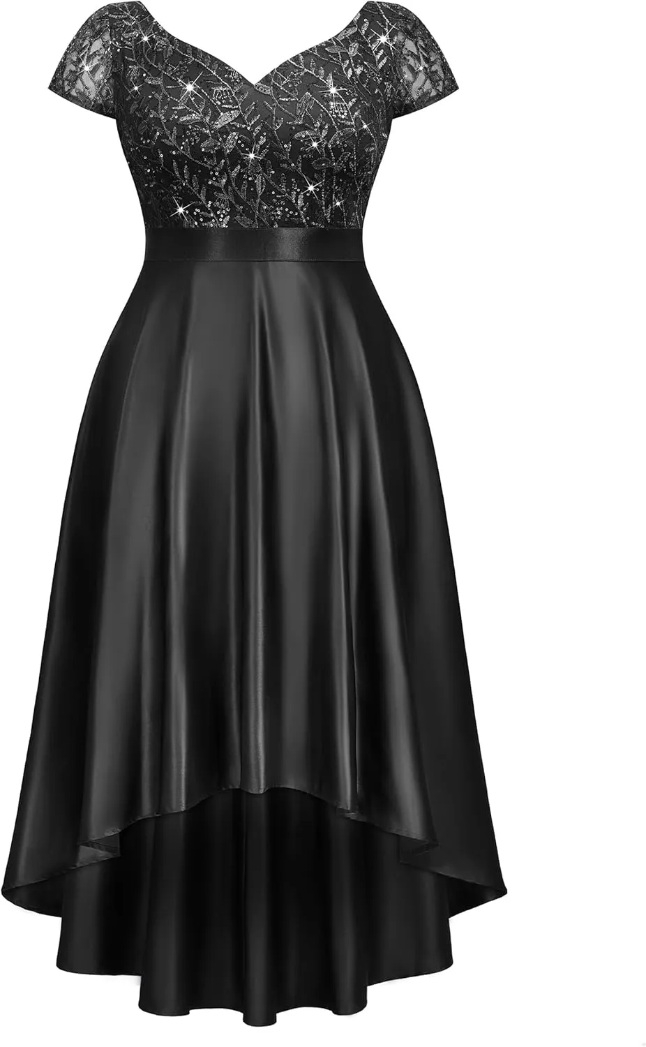 MISSMAY Women's Plus Size Lace Sequin Contrast Satin High Low A-Line Hem Prom Party Formal Dress