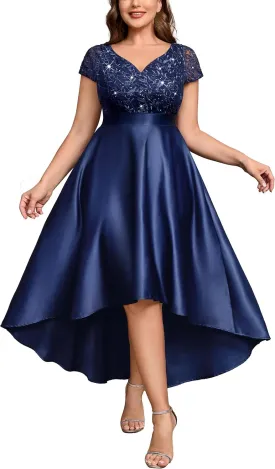 MISSMAY Women's Plus Size Lace Sequin Contrast Satin High Low A-Line Hem Prom Party Formal Dress