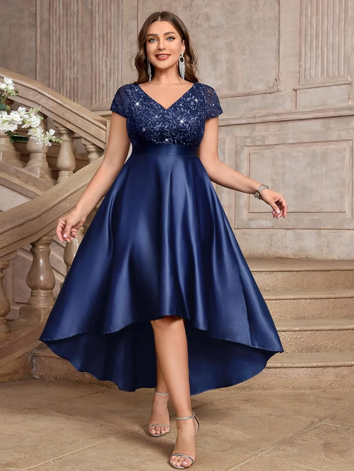 MISSMAY Women's Plus Size Lace Sequin Contrast Satin High Low A-Line Hem Prom Party Formal Dress