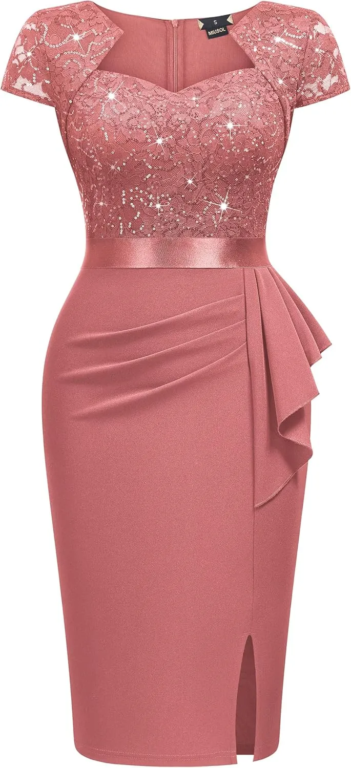 Miusol Women's Elegant Square Neck Glitter Sequin Lace Cocktail Dress