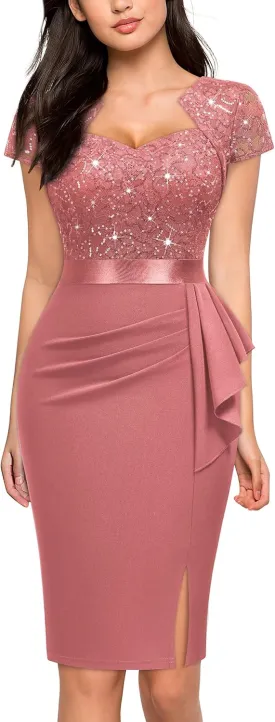 Miusol Women's Elegant Square Neck Glitter Sequin Lace Cocktail Dress