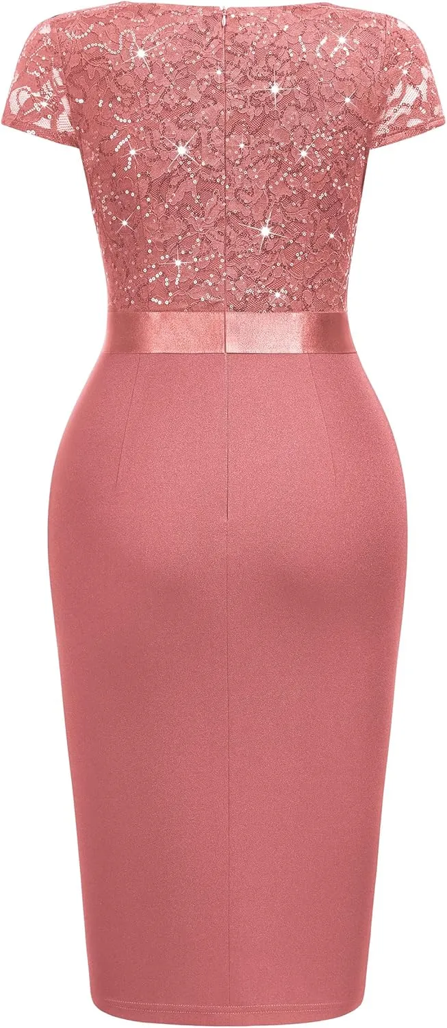 Miusol Women's Elegant Square Neck Glitter Sequin Lace Cocktail Dress