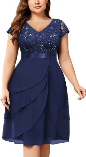 Miusol Women's Plus Size Sequin Lace V Neck Ruffle Tiered Chiffon Cocktail Party Dress
