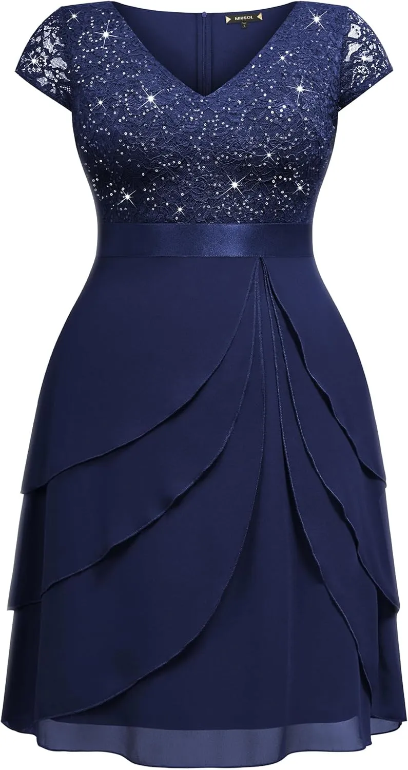 Miusol Women's Plus Size Sequin Lace V Neck Ruffle Tiered Chiffon Cocktail Party Dress