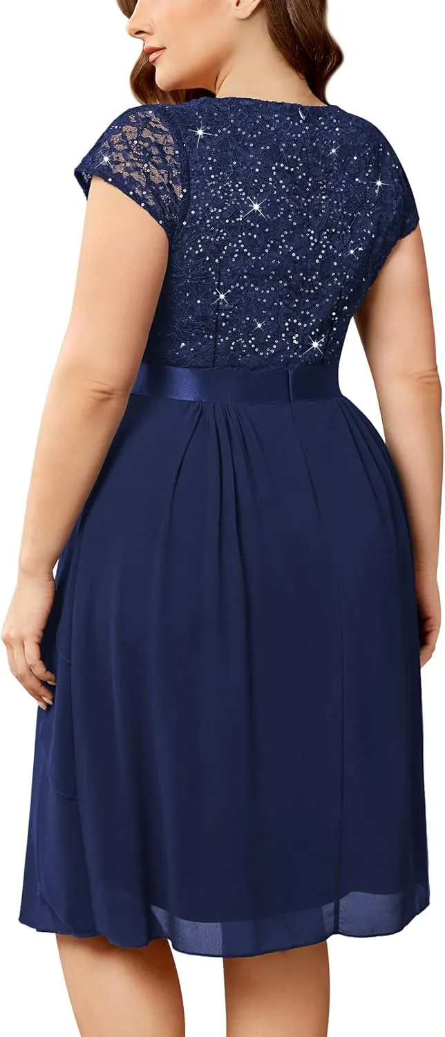 Miusol Women's Plus Size Sequin Lace V Neck Ruffle Tiered Chiffon Cocktail Party Dress