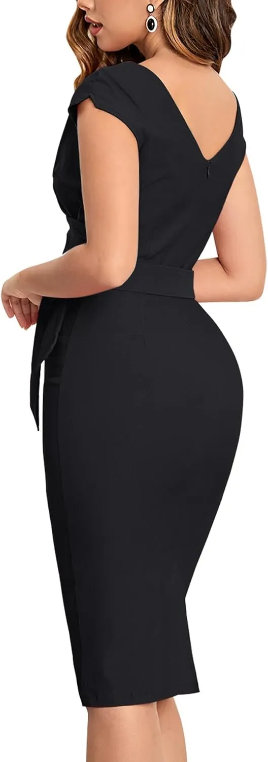 MUXXN Women's Vintage 1950s Style Wrap V Neck Tie Waist Formal Cocktail Dress