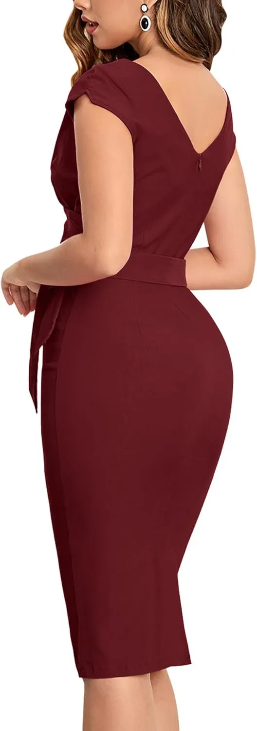 MUXXN Women's Vintage 1950s Style Wrap V Neck Tie Waist Formal Cocktail Dress