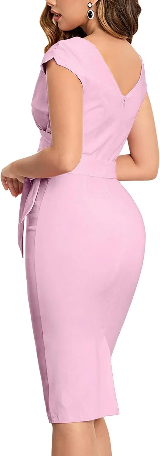 MUXXN Women's Vintage 1950s Style Wrap V Neck Tie Waist Formal Cocktail Dress