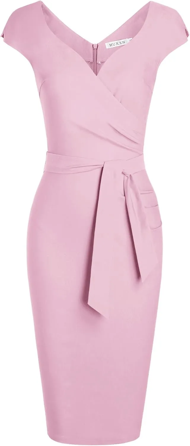 MUXXN Women's Vintage 1950s Style Wrap V Neck Tie Waist Formal Cocktail Dress