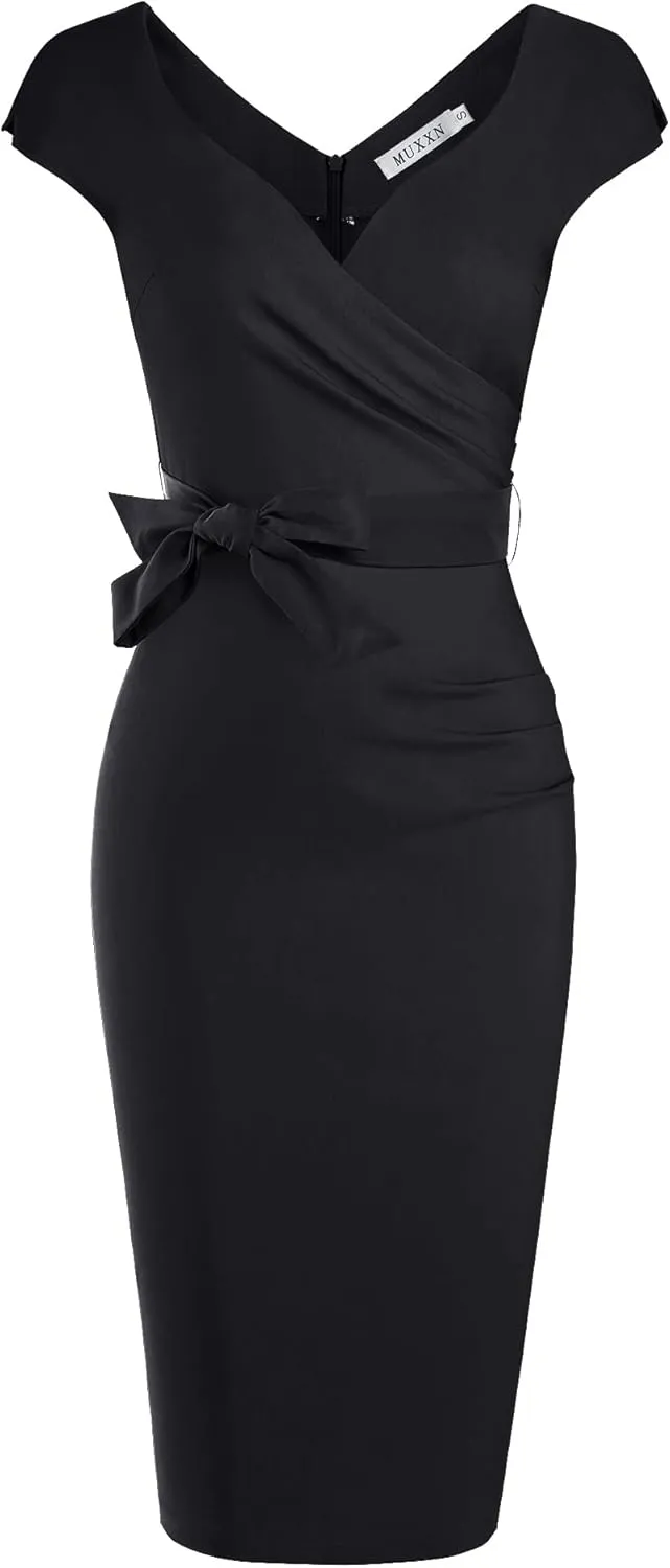 MUXXN Women's Vintage 1950s Style Wrap V Neck Tie Waist Formal Cocktail Dress