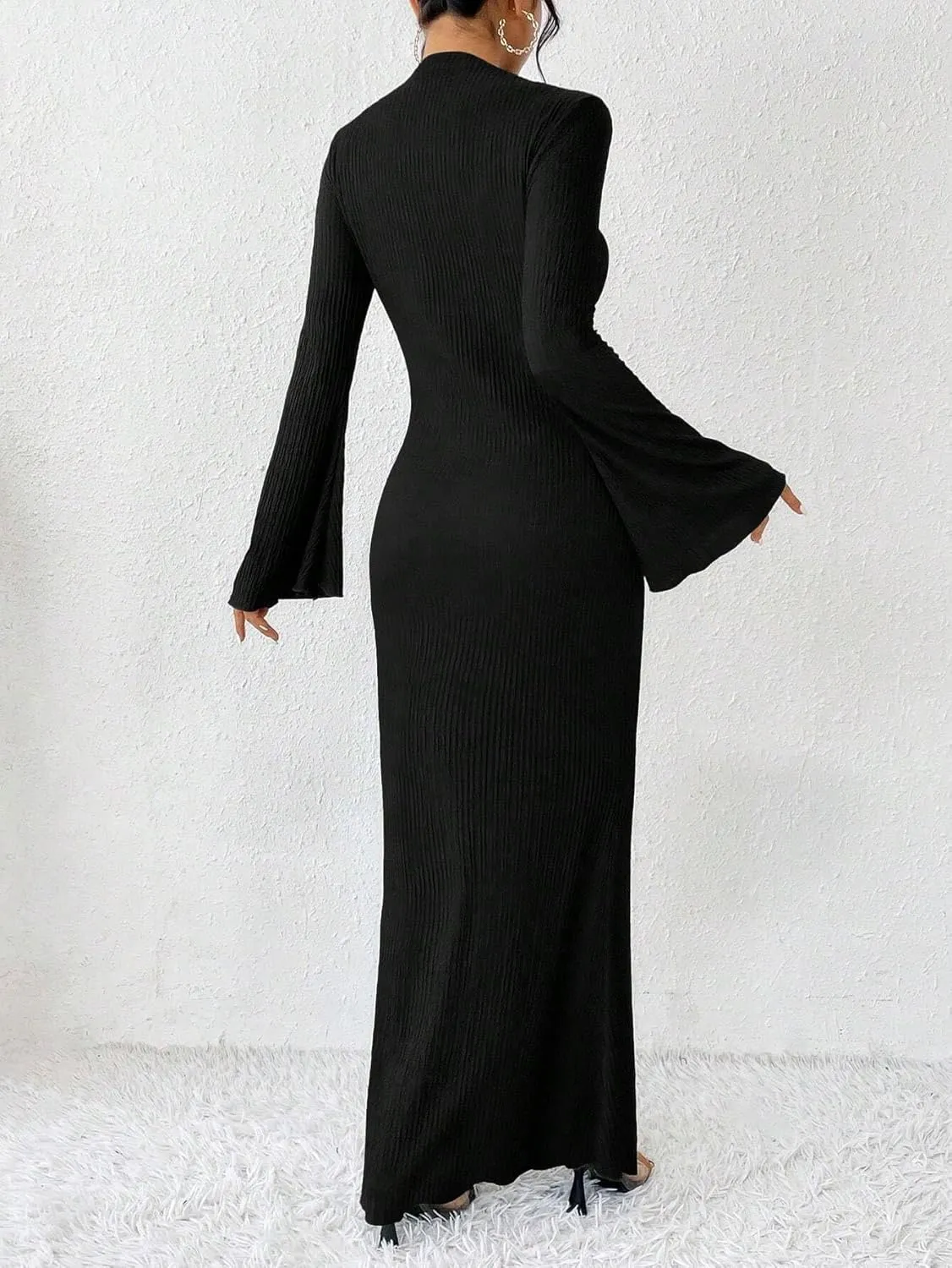 Narecte Women's Fall Maxi Dresses 2024 Boho Solid Color Mermaid Hem Flare Sleeve S-XL