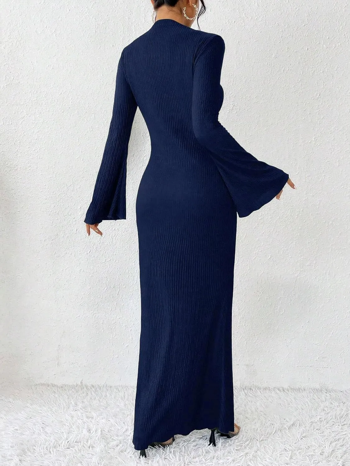 Narecte Women's Fall Maxi Dresses 2024 Boho Solid Color Mermaid Hem Flare Sleeve S-XL