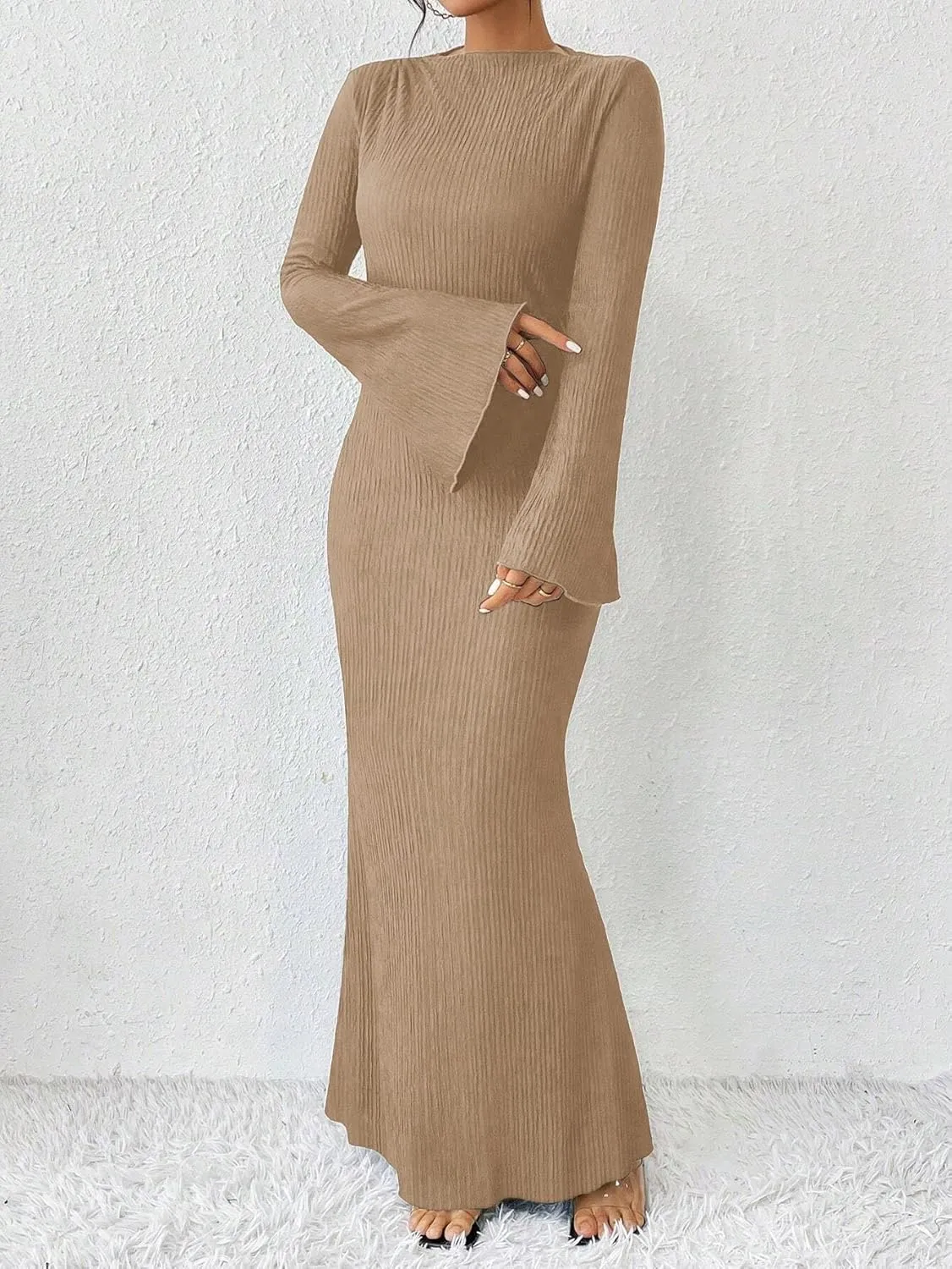 Narecte Women's Fall Maxi Dresses 2024 Boho Solid Color Mermaid Hem Flare Sleeve S-XL