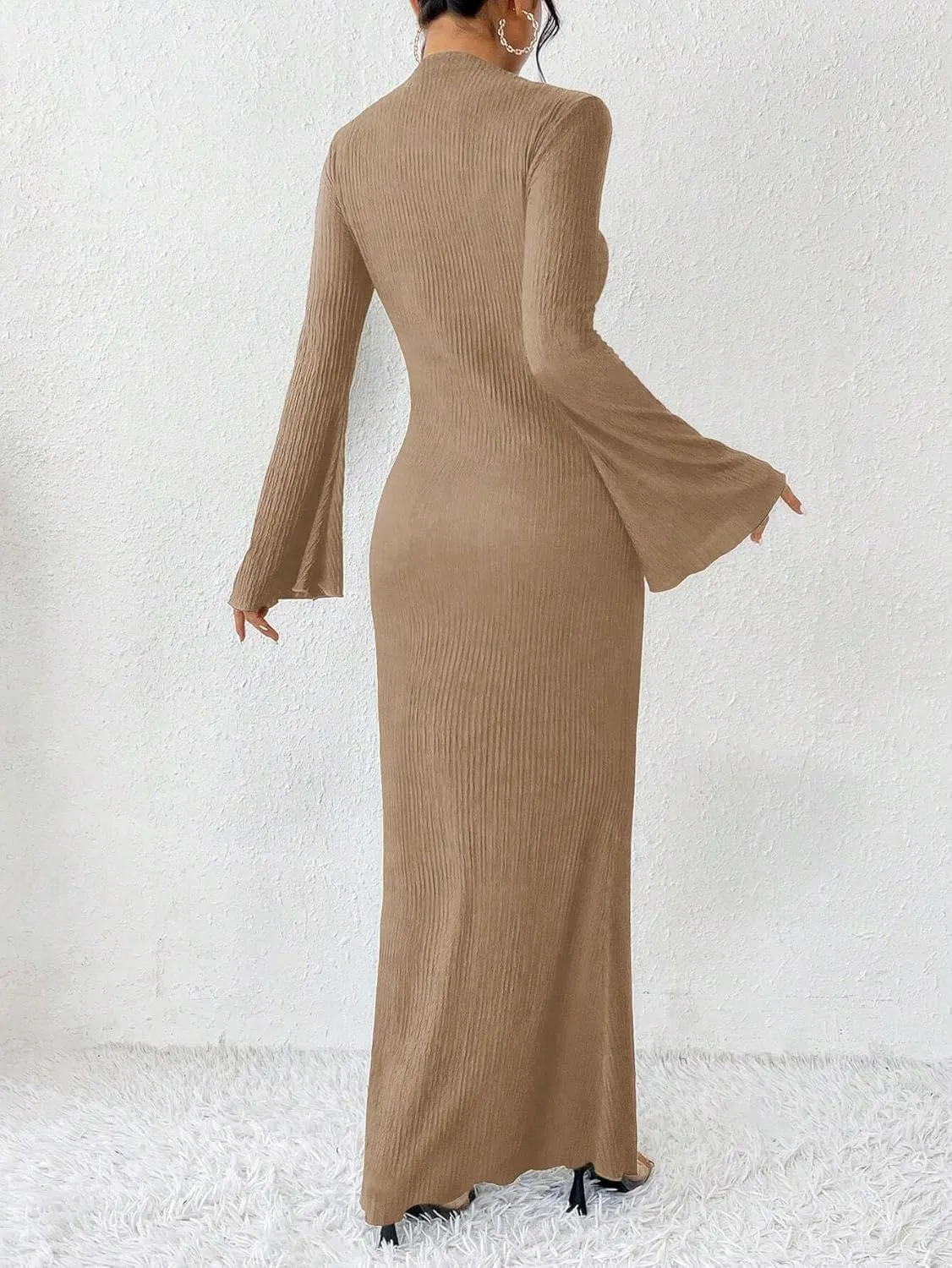 Narecte Women's Fall Maxi Dresses 2024 Boho Solid Color Mermaid Hem Flare Sleeve S-XL