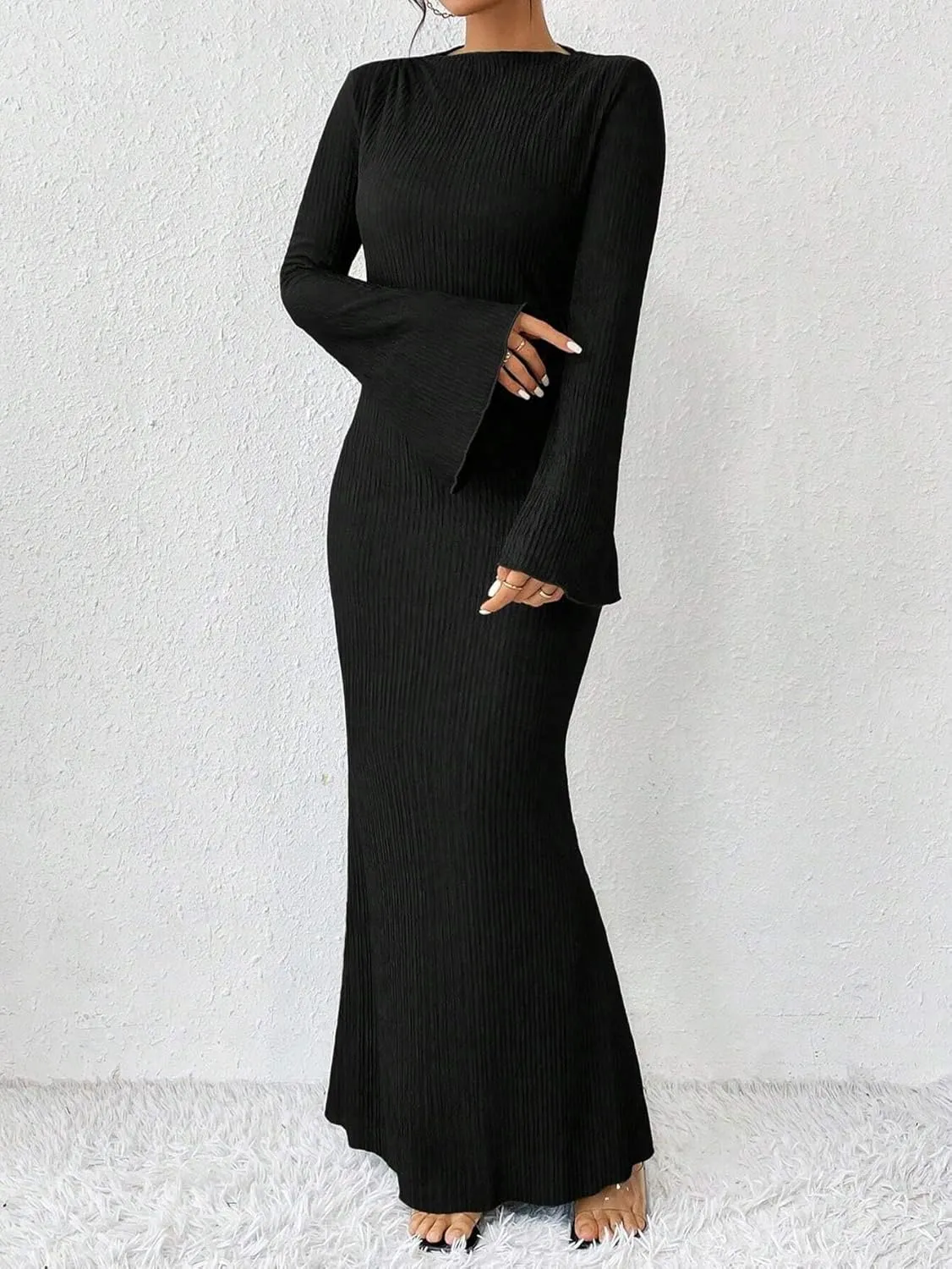 Narecte Women's Fall Maxi Dresses 2024 Boho Solid Color Mermaid Hem Flare Sleeve S-XL