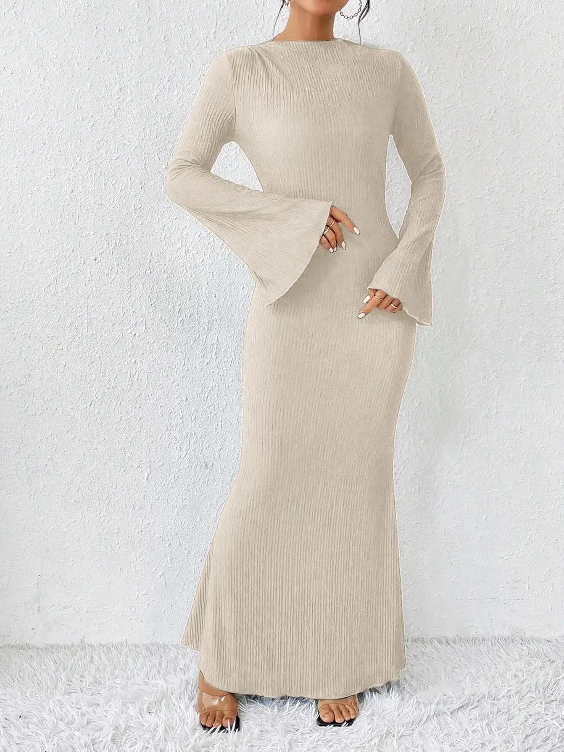 Narecte Women's Fall Maxi Dresses 2024 Boho Solid Color Mermaid Hem Flare Sleeve S-XL