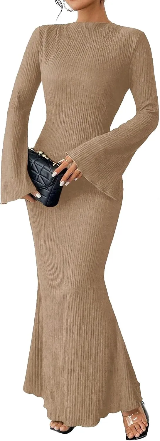 Narecte Women's Fall Maxi Dresses 2024 Boho Solid Color Mermaid Hem Flare Sleeve S-XL