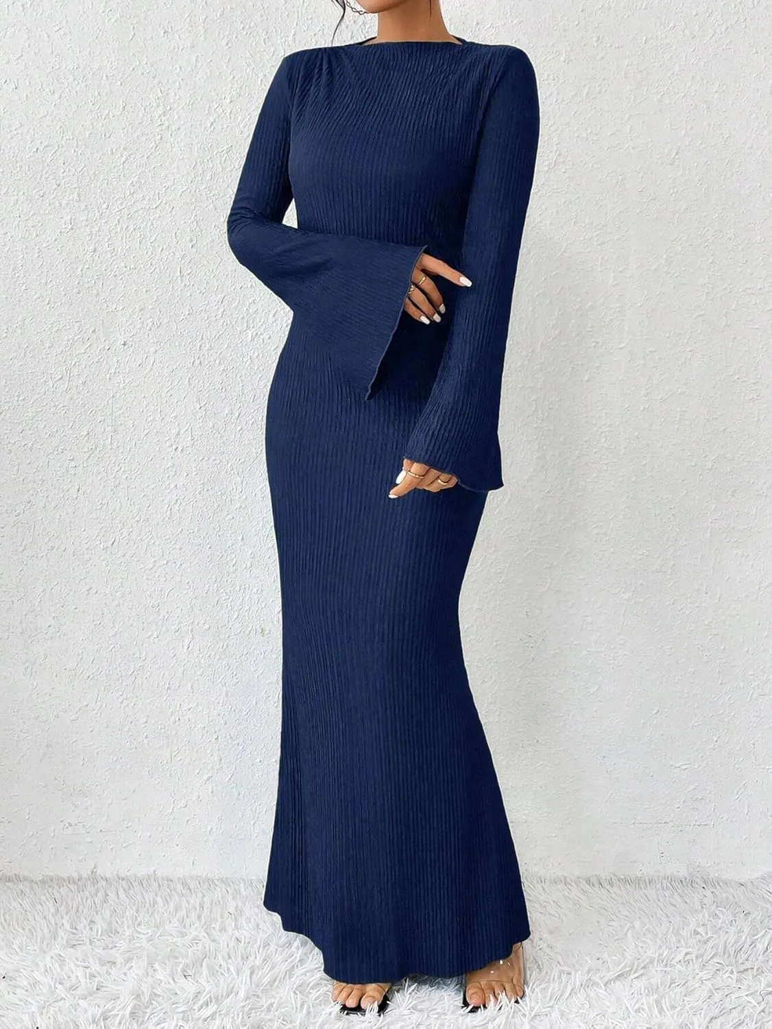 Narecte Women's Fall Maxi Dresses 2024 Boho Solid Color Mermaid Hem Flare Sleeve S-XL