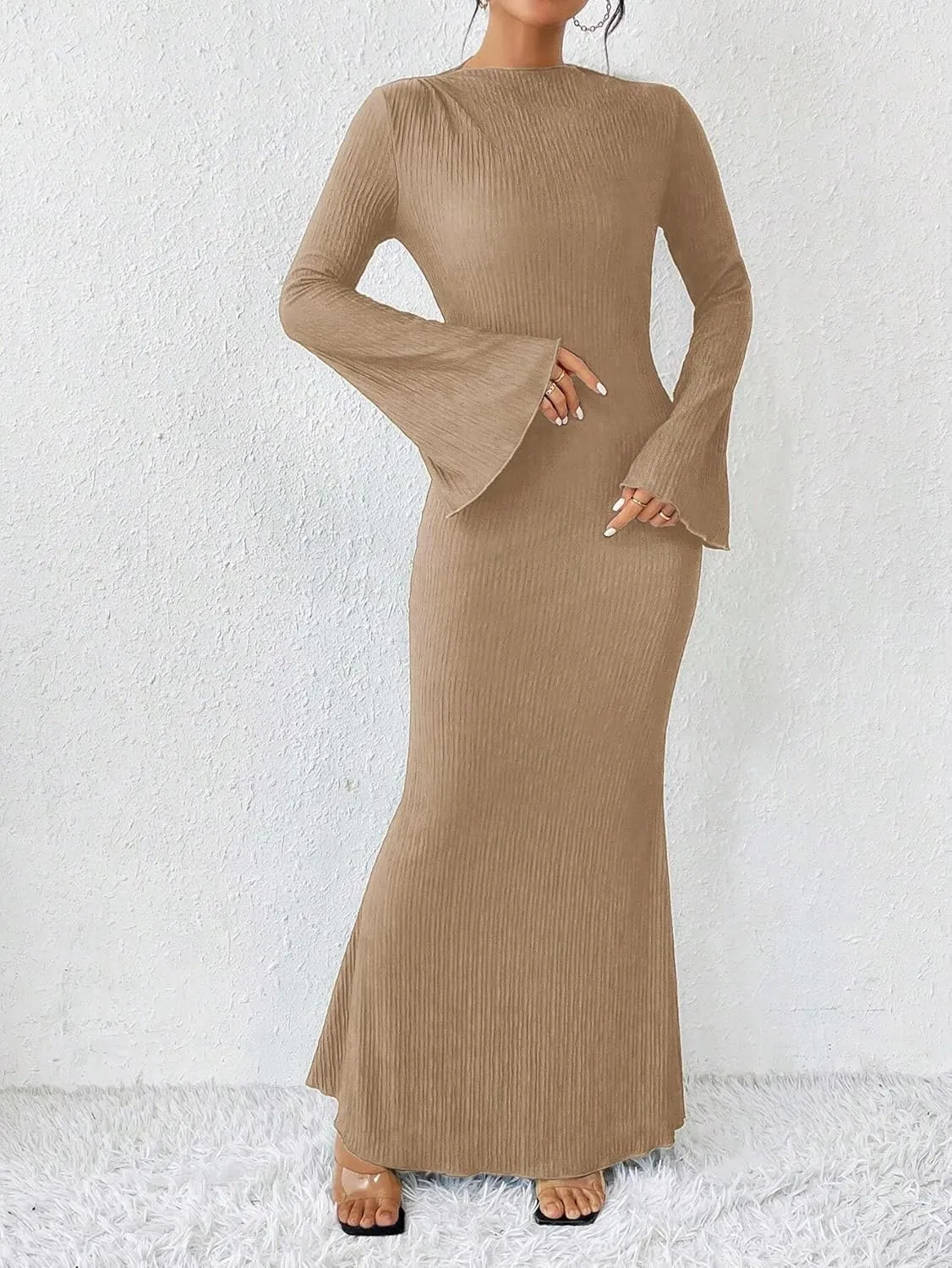 Narecte Women's Fall Maxi Dresses 2024 Boho Solid Color Mermaid Hem Flare Sleeve S-XL