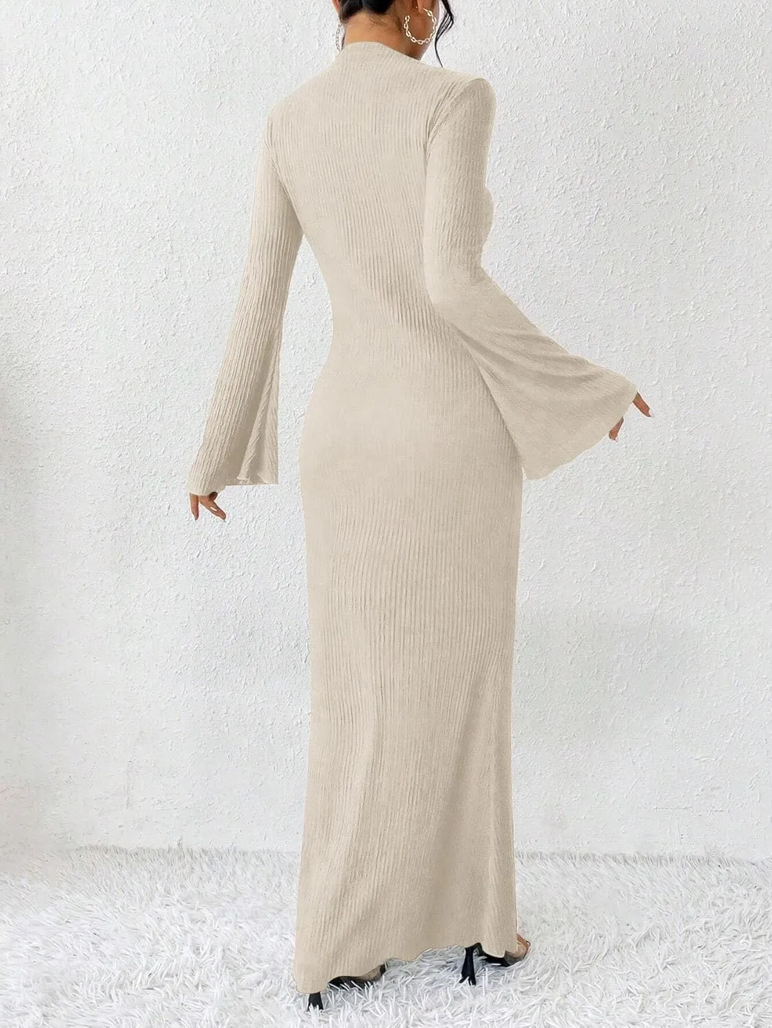 Narecte Women's Fall Maxi Dresses 2024 Boho Solid Color Mermaid Hem Flare Sleeve S-XL