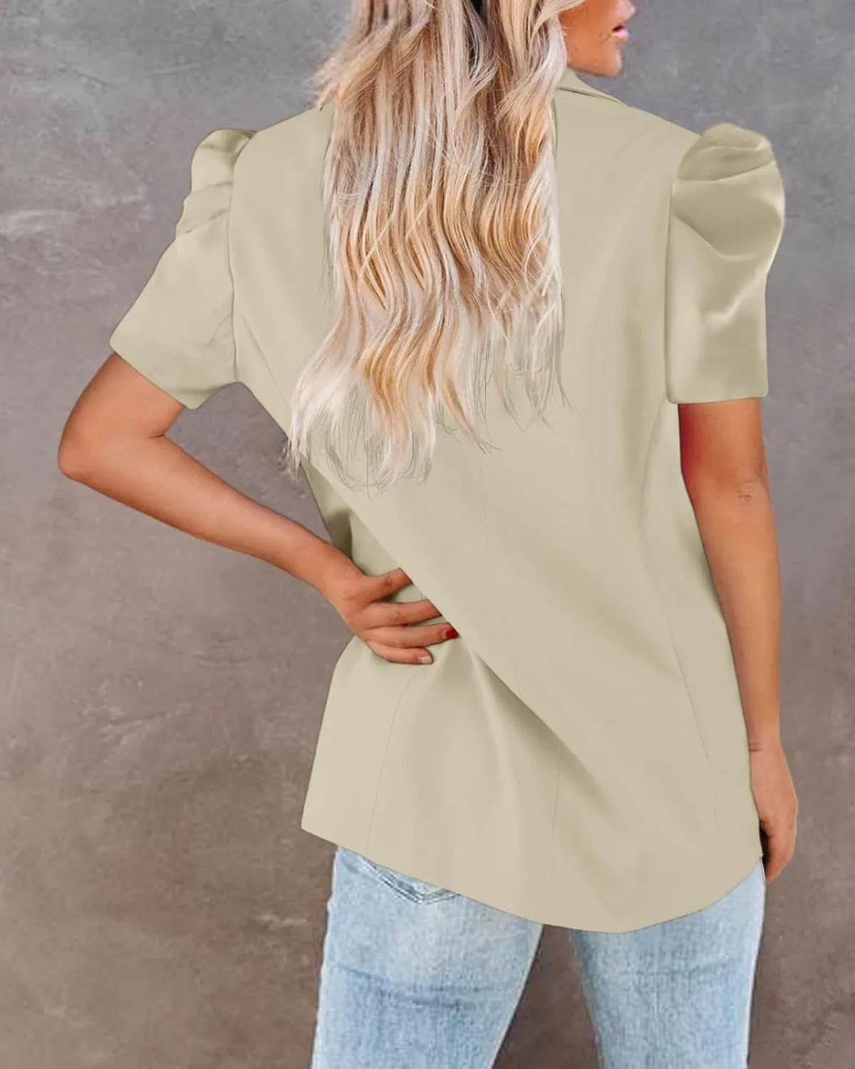 Newffr Womens Summer Blazers Casual Short Puff Sleeve Open Front Office Blazers Bussiness Jackets Work Suit