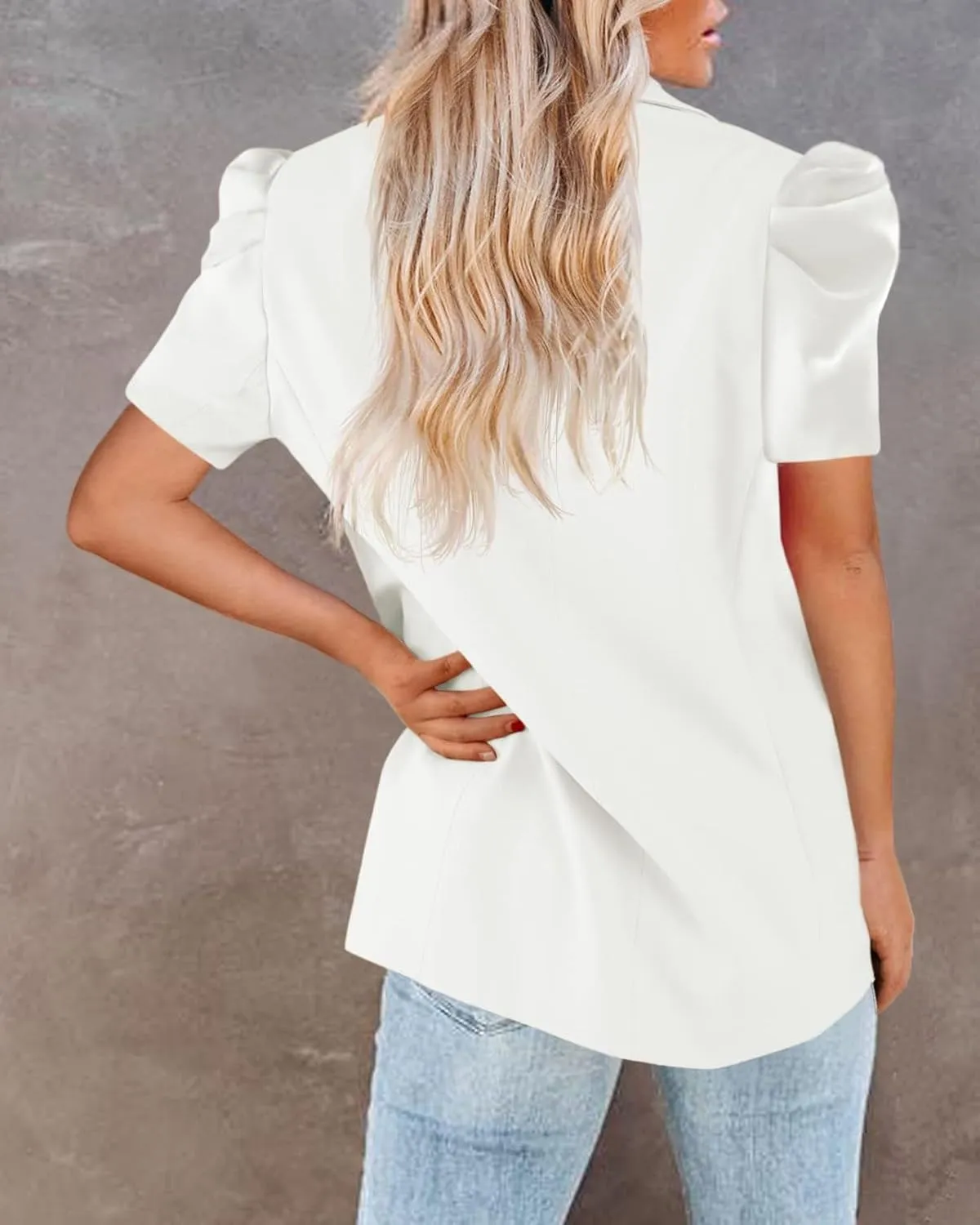 Newffr Womens Summer Blazers Casual Short Puff Sleeve Open Front Office Blazers Bussiness Jackets Work Suit