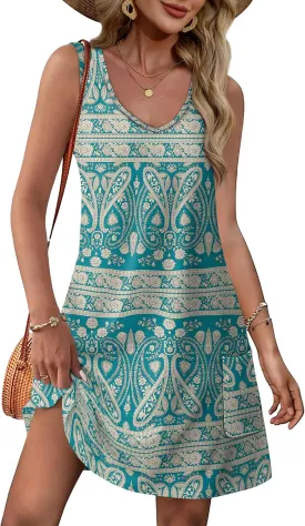 OFEEFAN Womens Summer Dresses 2025 Loose V Neck Sleeveless Sundresses Swimsuit Coverup with Pockets Floral/Plain/Eyelet