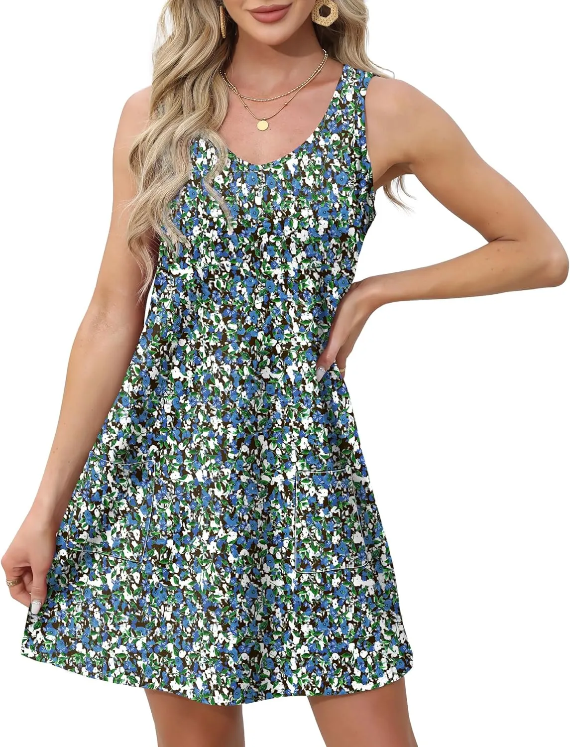 OFEEFAN Womens Summer Dresses 2025 Loose V Neck Sleeveless Sundresses Swimsuit Coverup with Pockets Floral/Plain/Eyelet