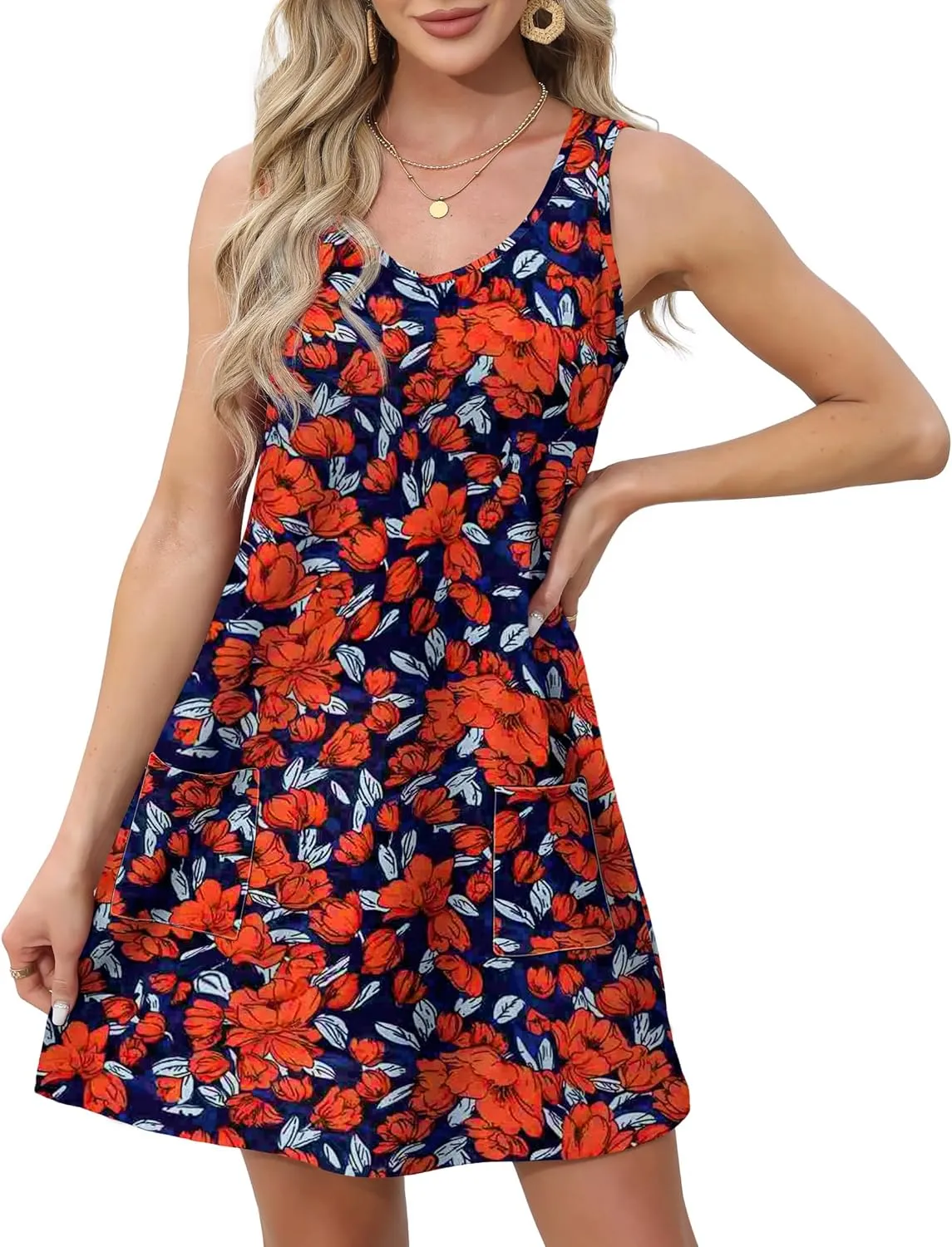 OFEEFAN Womens Summer Dresses 2025 Loose V Neck Sleeveless Sundresses Swimsuit Coverup with Pockets Floral/Plain/Eyelet