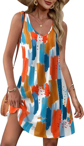 OFEEFAN Womens Summer Dresses 2025 Loose V Neck Sleeveless Sundresses Swimsuit Coverup with Pockets Floral/Plain/Eyelet