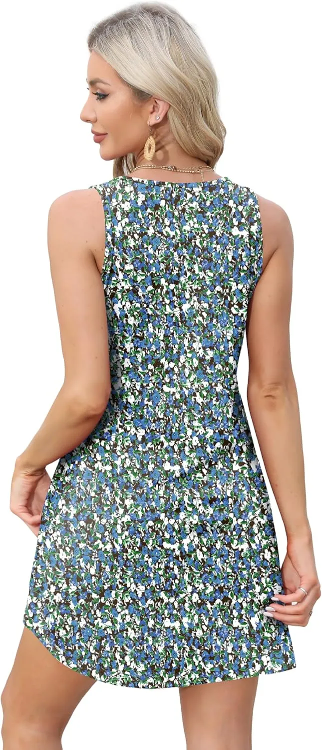 OFEEFAN Womens Summer Dresses 2025 Loose V Neck Sleeveless Sundresses Swimsuit Coverup with Pockets Floral/Plain/Eyelet