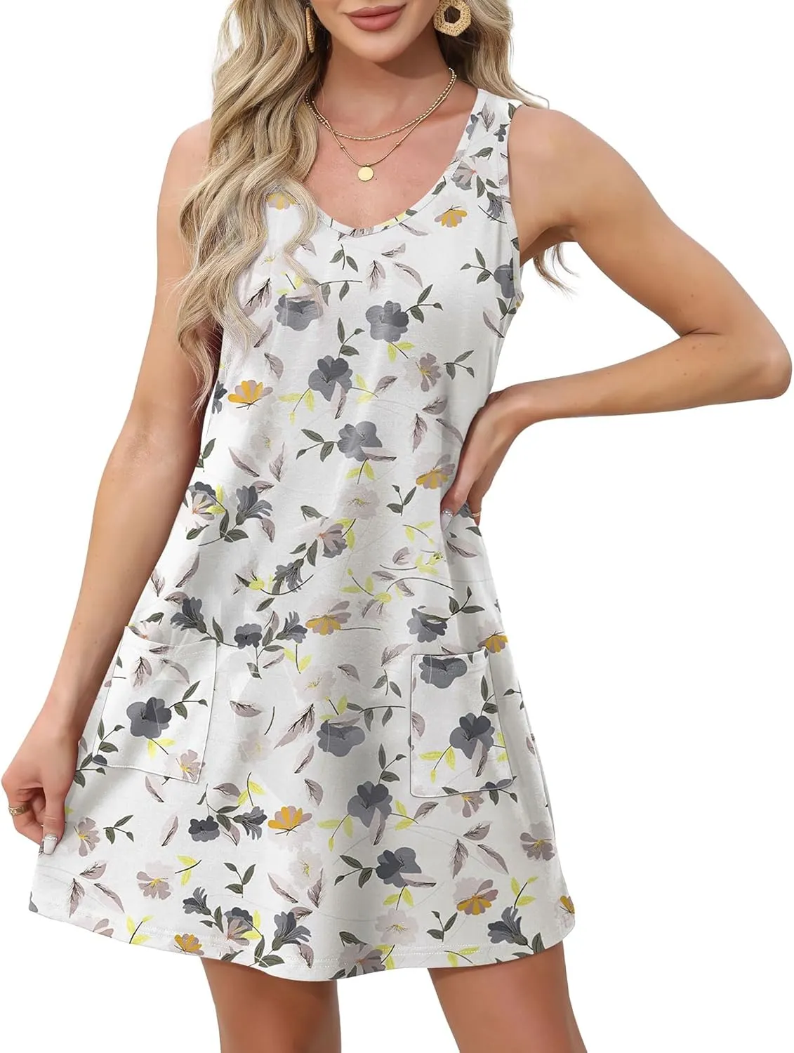 OFEEFAN Womens Summer Dresses 2025 Loose V Neck Sleeveless Sundresses Swimsuit Coverup with Pockets Floral/Plain/Eyelet