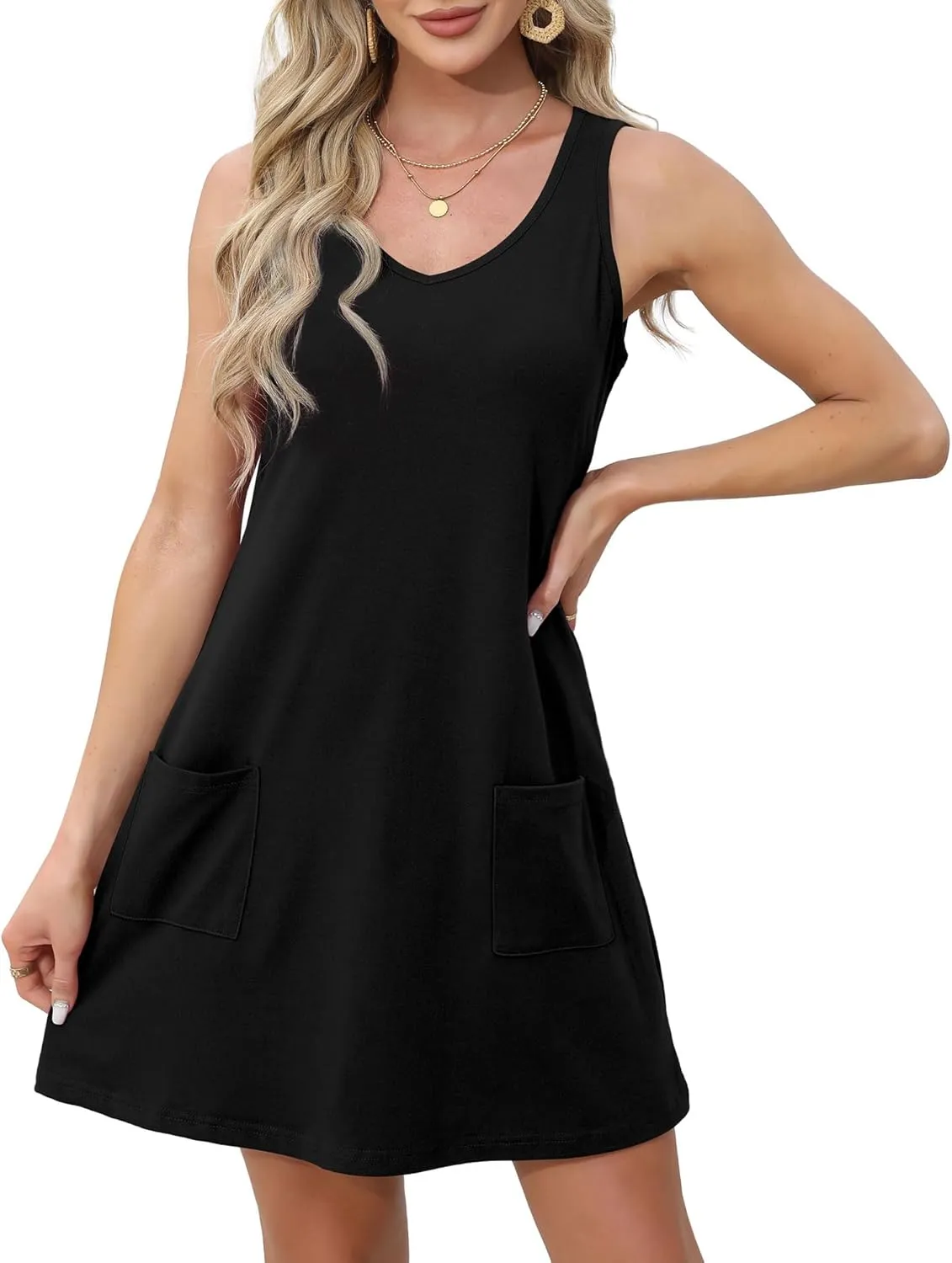 OFEEFAN Womens Summer Dresses 2025 V Neck Sleeveless Sundresses with Pockets Beach Vacation Clothes Floral/Plain