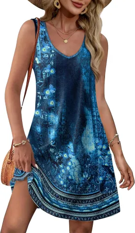 OFEEFAN Womens Summer Dresses 2025 V Neck Sleeveless Sundresses with Pockets Beach Vacation Clothes Floral/Plain