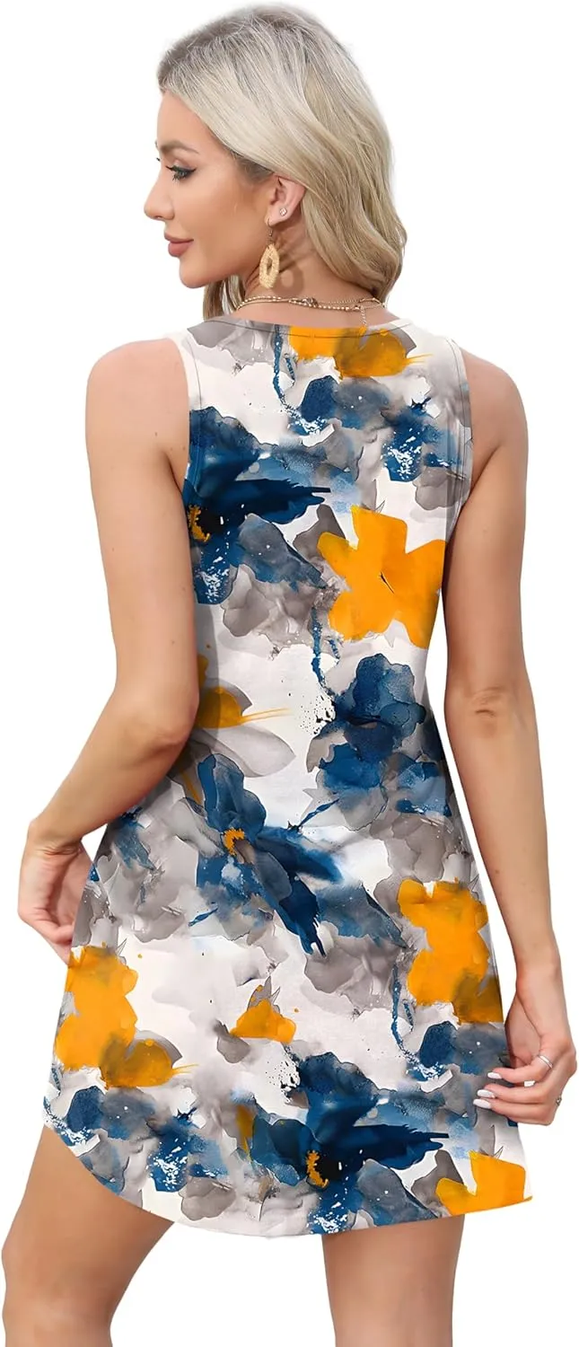 OFEEFAN Womens Summer Dresses 2025 V Neck Sleeveless Sundresses with Pockets Beach Vacation Clothes Floral/Plain