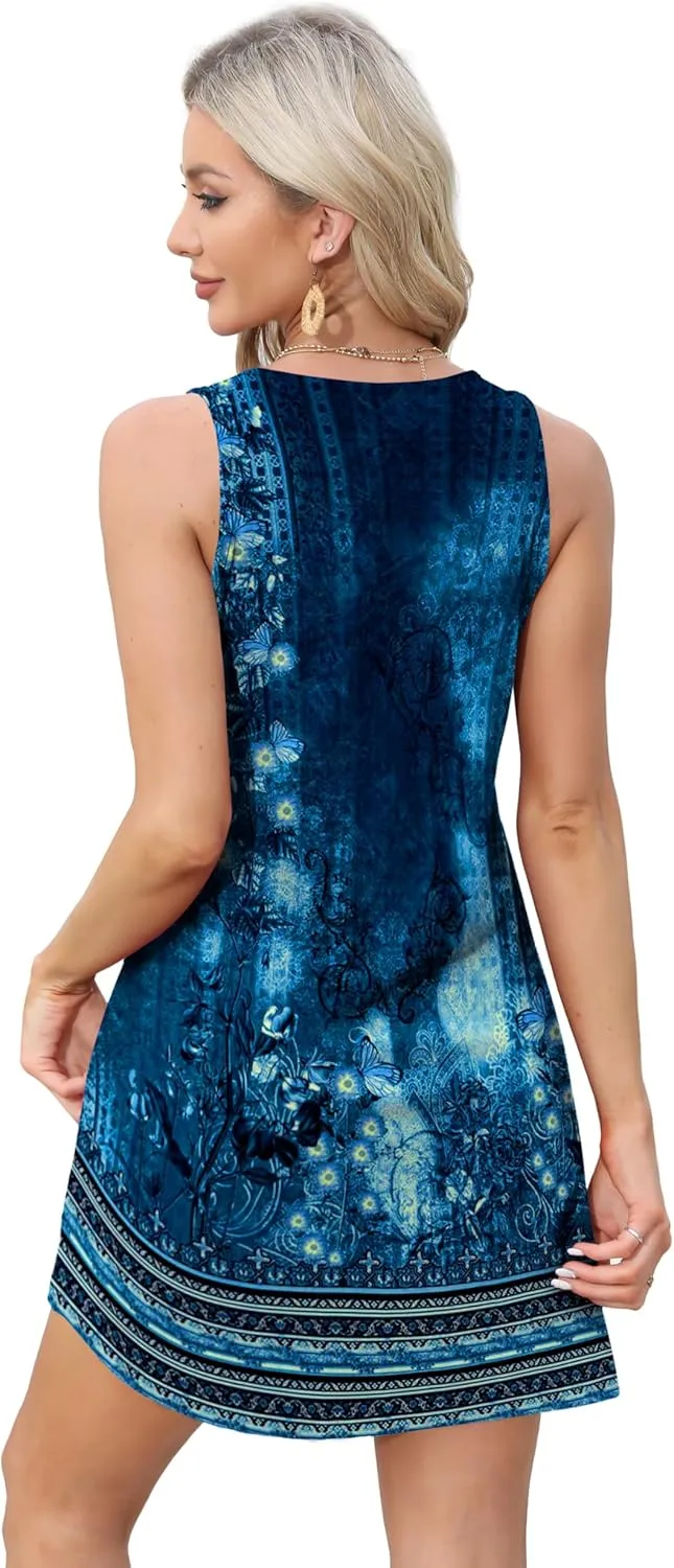 OFEEFAN Womens Summer Dresses 2025 V Neck Sleeveless Sundresses with Pockets Beach Vacation Clothes Floral/Plain