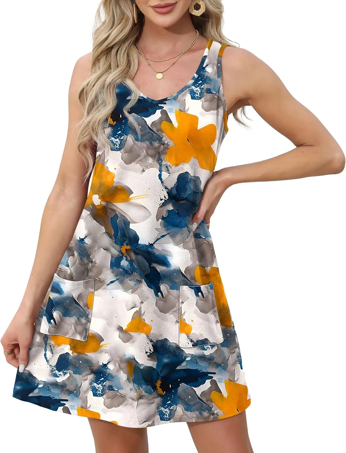 OFEEFAN Womens Summer Dresses 2025 V Neck Sleeveless Sundresses with Pockets Beach Vacation Clothes Floral/Plain