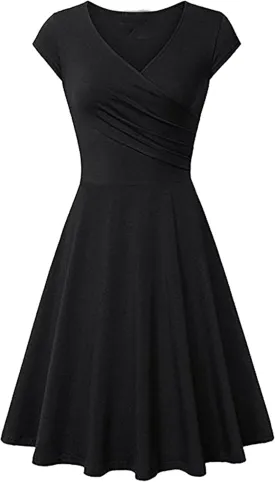 OMZIN Women's Elegant V-Neck Dress Short Sleeve Solid Color Runway Evening Dress