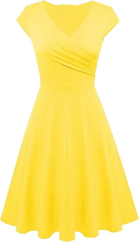 OMZIN Women's Elegant V-Neck Dress Short Sleeve Solid Color Runway Evening Dress
