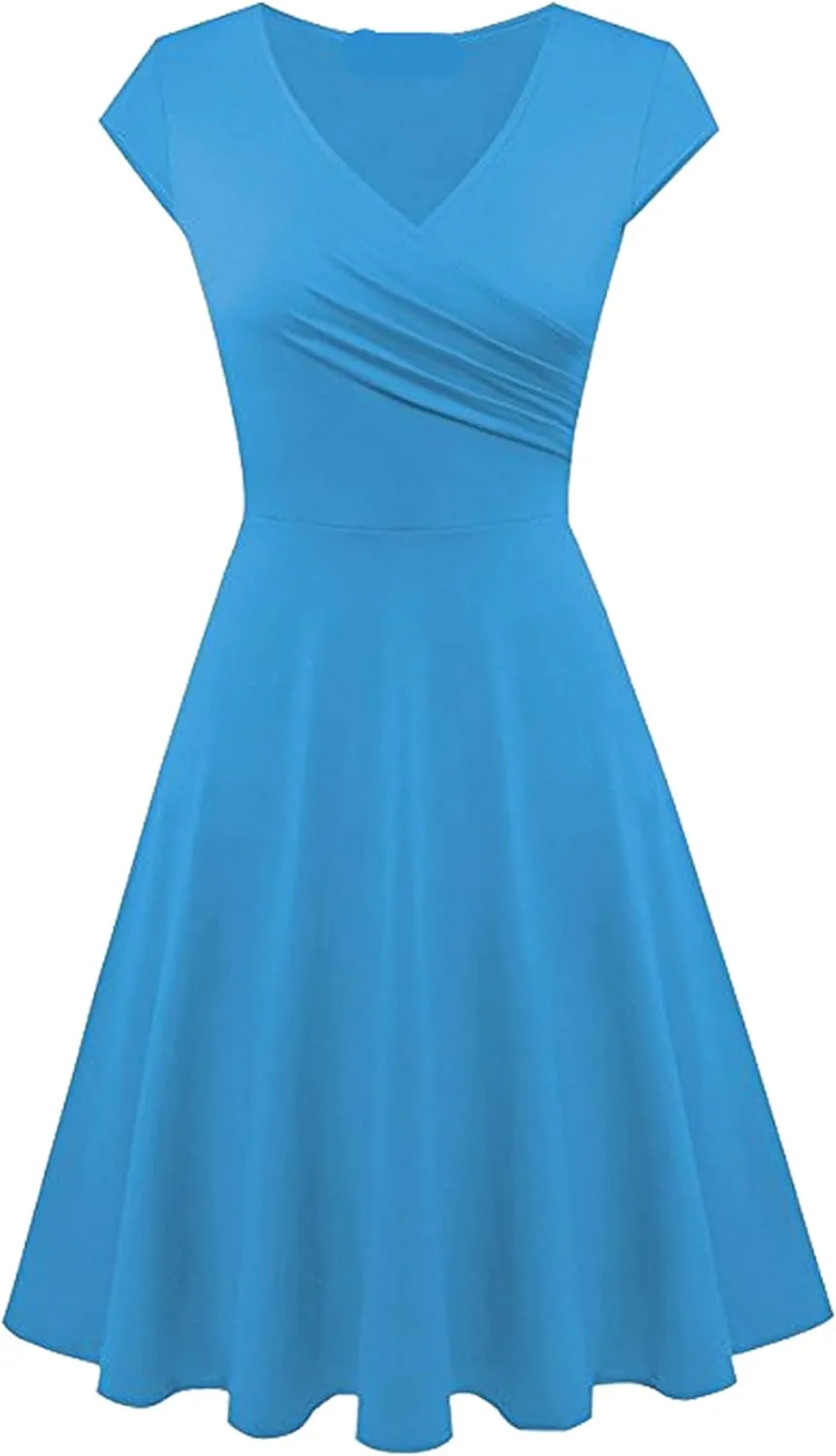OMZIN Women's Elegant V-Neck Dress Short Sleeve Solid Color Runway Evening Dress