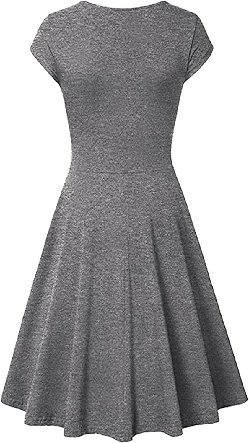 OMZIN Women's Elegant V-Neck Dress Short Sleeve Solid Color Runway Evening Dress