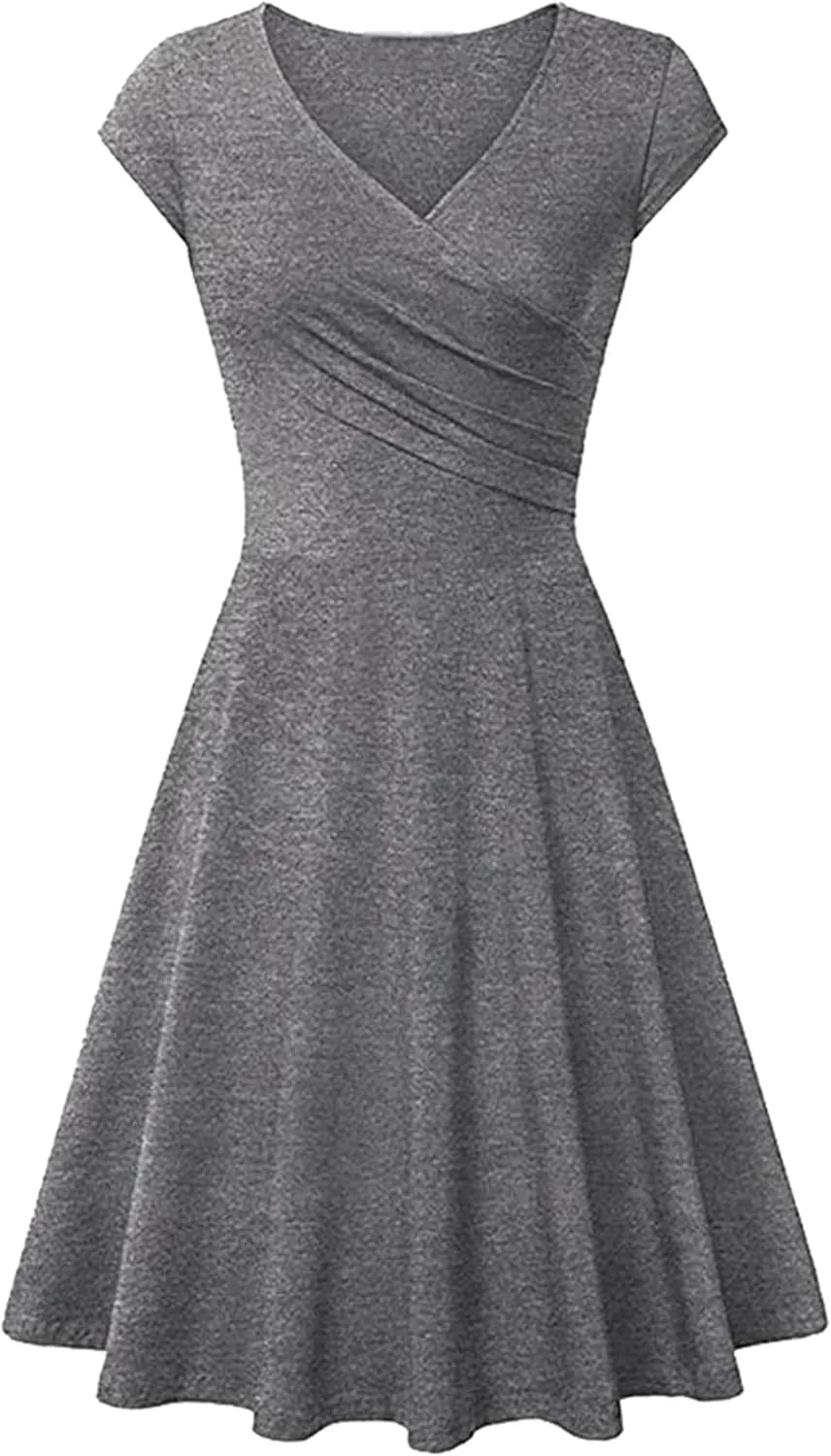 OMZIN Women's Elegant V-Neck Dress Short Sleeve Solid Color Runway Evening Dress