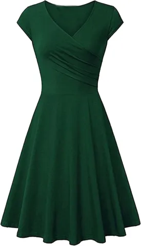 OMZIN Women's Elegant V-Neck Dress Short Sleeve Solid Color Runway Evening Dress