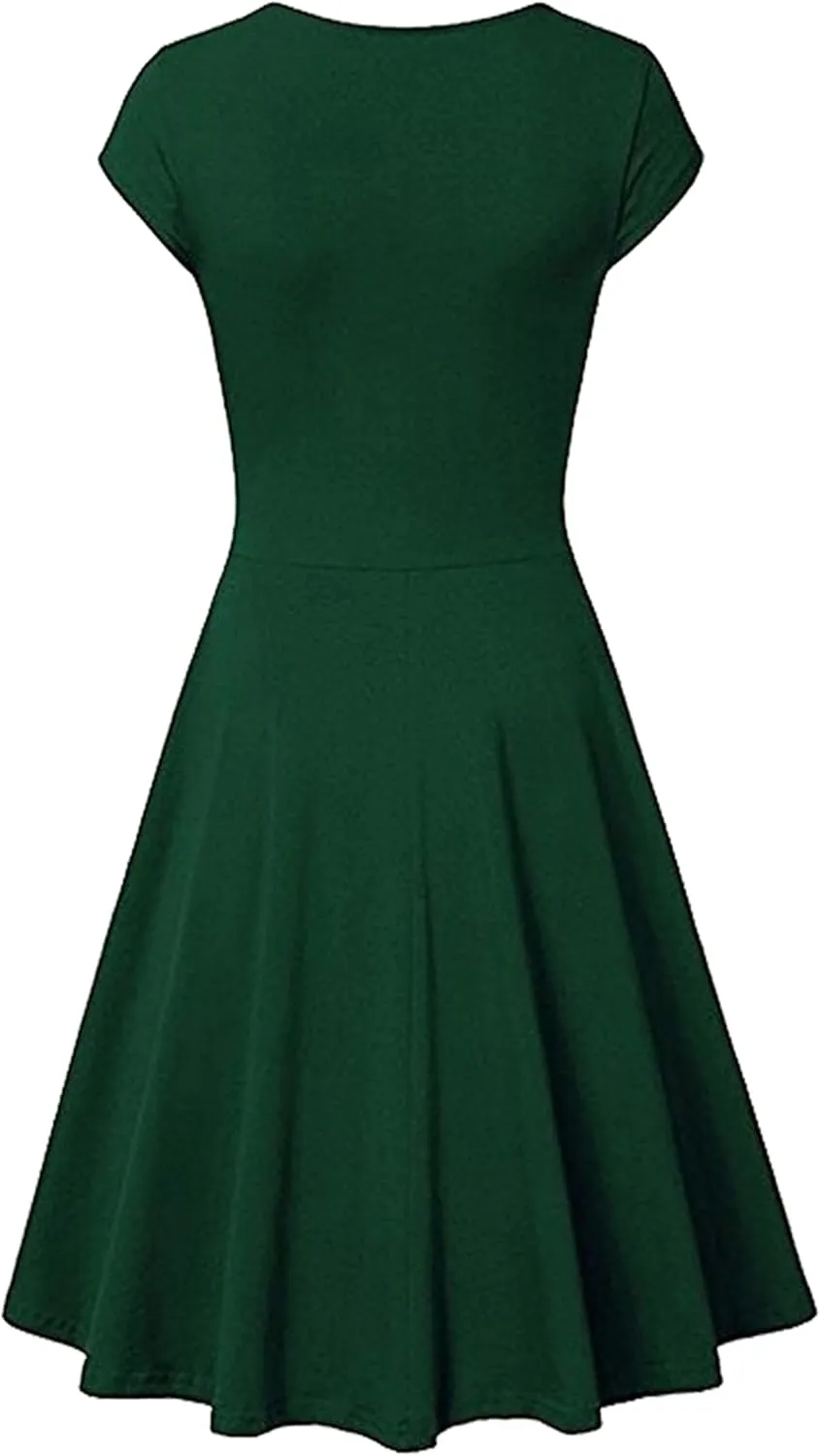 OMZIN Women's Elegant V-Neck Dress Short Sleeve Solid Color Runway Evening Dress