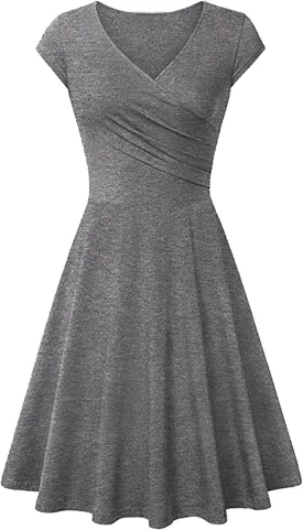 OMZIN Women's Elegant V-Neck Dress Short Sleeve Solid Color Runway Evening Dress