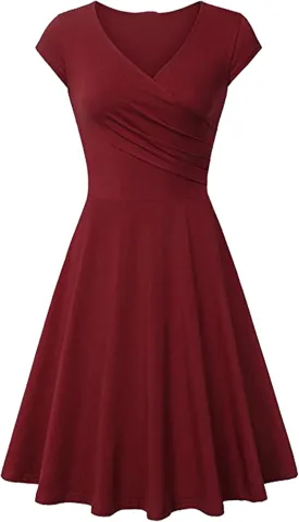 OMZIN Women's Elegant V-Neck Dress Short Sleeve Solid Color Runway Evening Dress